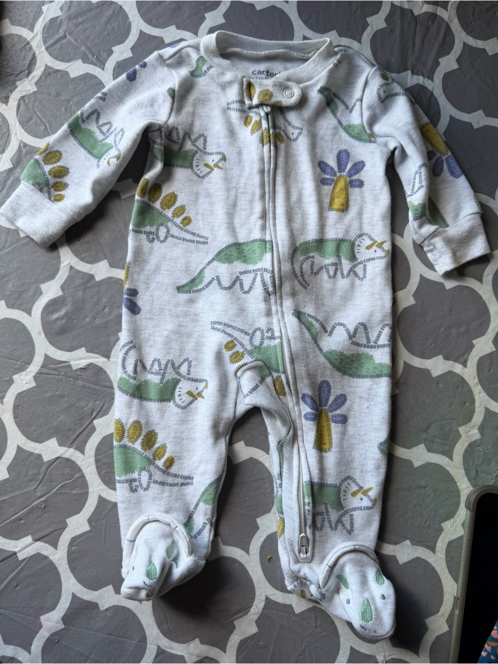 Carter's White Footed One-Piece with Green & Yellow Dino Print